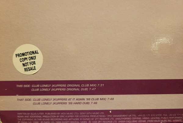 Sam Ellis - Club Lonely (The Eric Kupper Mixes) ‎ - Used Vinyl Reco image 3