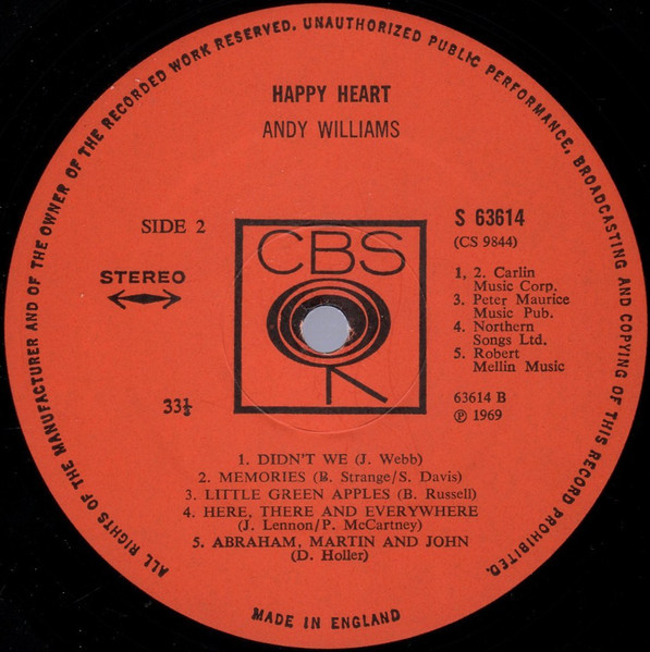 Andy Williams - Happy Heart - Used Vinyl Record image 4