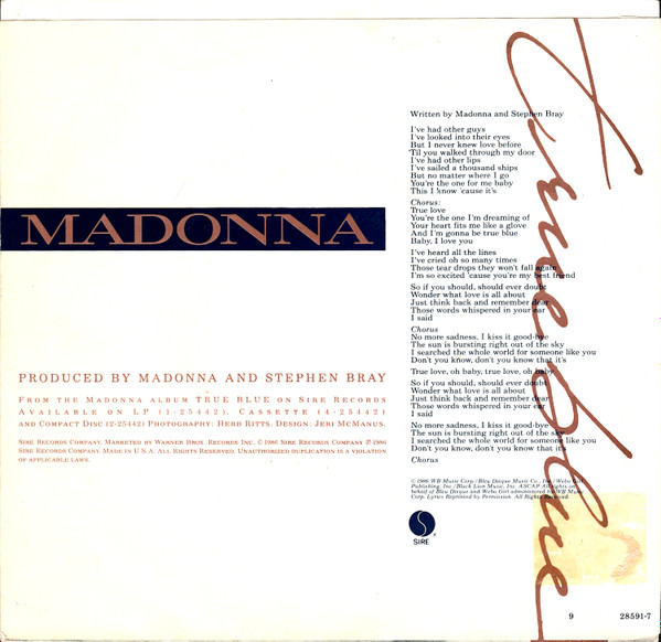 Madonna - True Blue - Used Vinyl Record 7" image 2