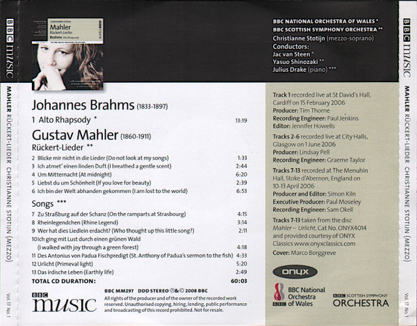 Gustav Mahler - Rückert-Lieder / Alto Rhapsody - Used CD image 2