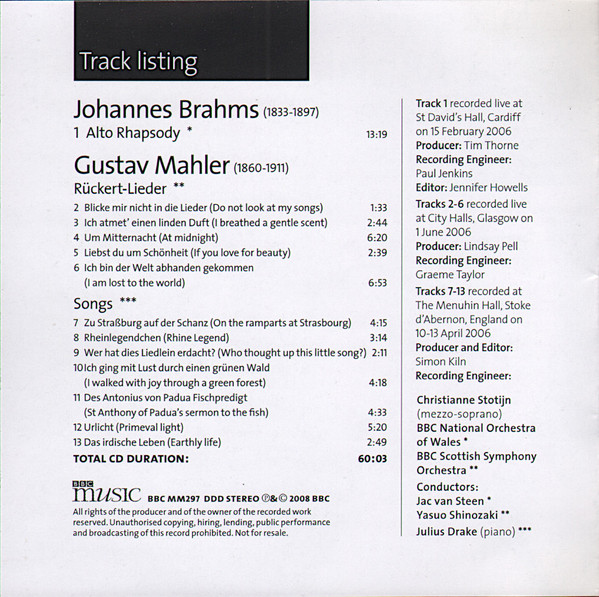 Gustav Mahler - Rückert-Lieder / Alto Rhapsody - Used CD image 5