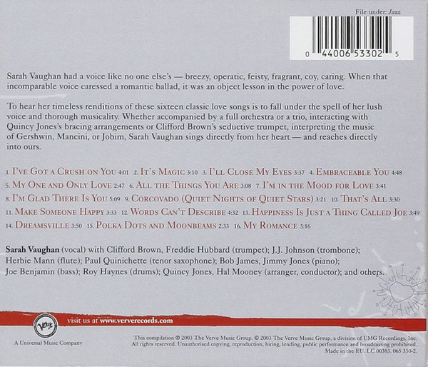 Sarah Vaughan - Sarah For Lovers - Used CD image 2