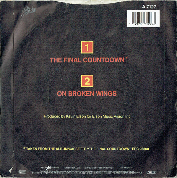 Europe - Final Countdown b/w Broken Wings - Used Vinyl Record 7" image 2