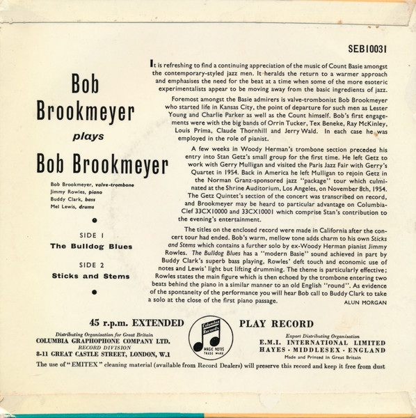 Bob Brookmeyer - Plays - Used Vinyl Record 7" image 2