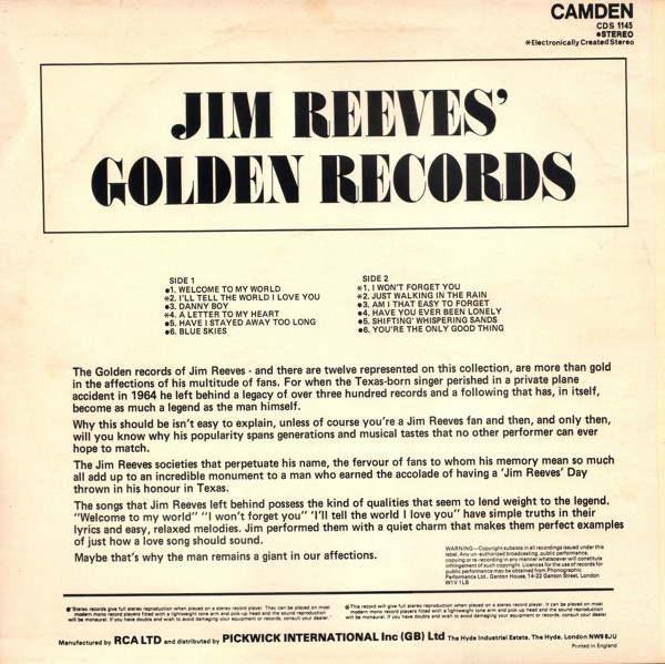 Jim Reeves - ' Golden Records - Used Vinyl Record image 2