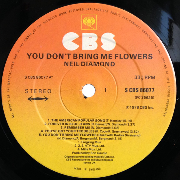 Neil Diamond - You Don't Bring Me Flowers - Used Vinyl Record image 3