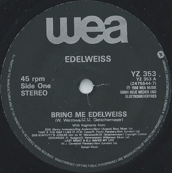 Edelweiss - Bring Me - Used Vinyl Record 7" image 7