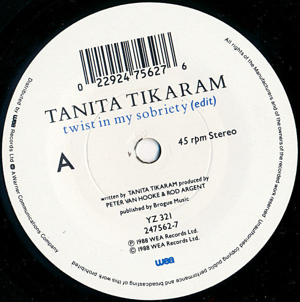 Tanita Tikaram - Twist In My Sobriety - Used Vinyl Record 7" image 3