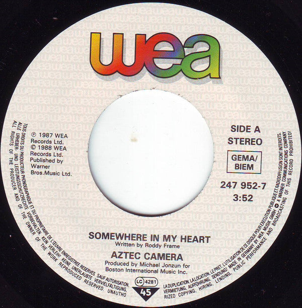 Aztec Camera - Somewhere In My Heart - Used Vinyl Record 7" image 3