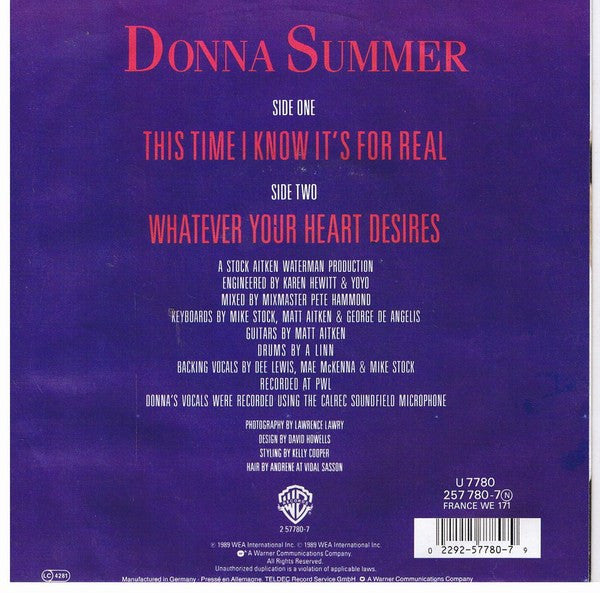 Donna Summer - This Time I Know It's For Real - Used Vinyl Record 7" image 2