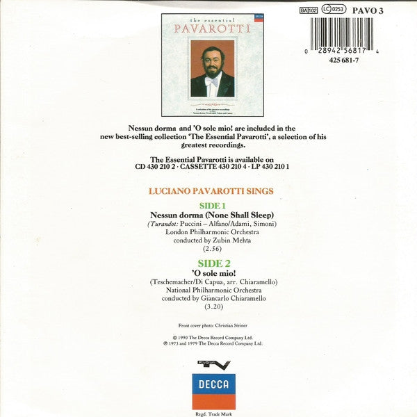 Luciano Pavarotti - Nessun Dorma - Used Vinyl Record 7" image 2