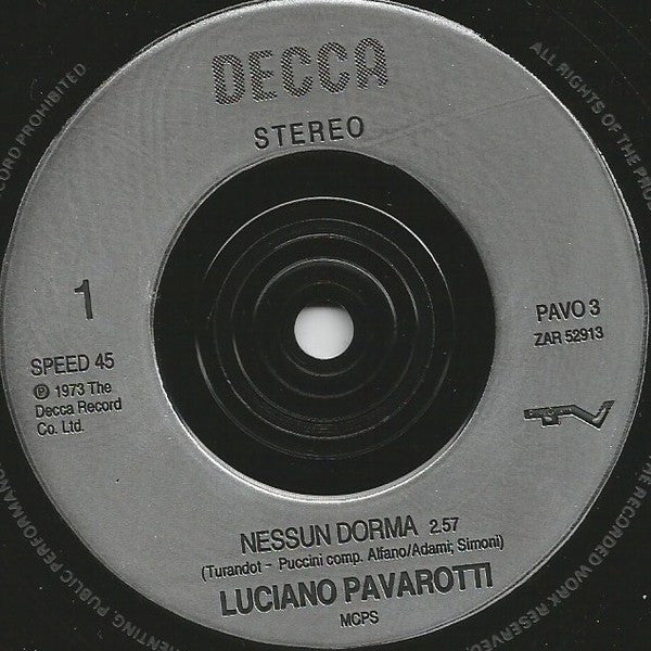 Luciano Pavarotti - Nessun Dorma - Used Vinyl Record 7" image 3
