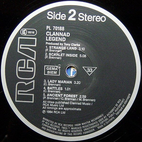 Clannad - Legend - Used Vinyl Record image 4