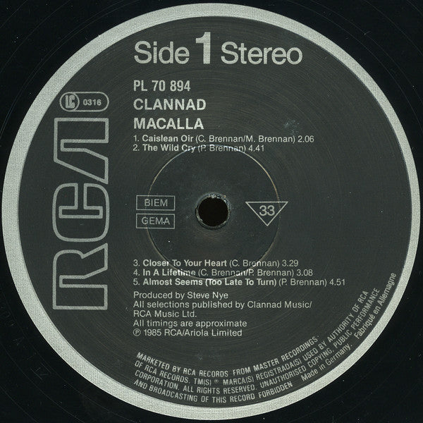 Clannad - Macalla - Used Vinyl Record image 3