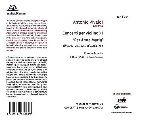 FABIO BIONDI - VIVALDI: CONCERTI PER VIOLINO XI 'PER ANNA MAR - CD ALB image 2