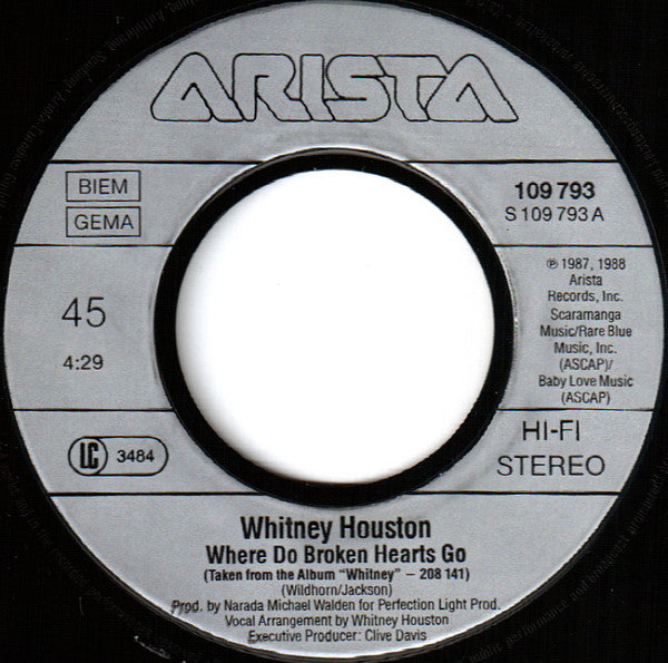Whitney Houston - Where Do Broken Hearts Go - Used Vinyl Record 7" image 3