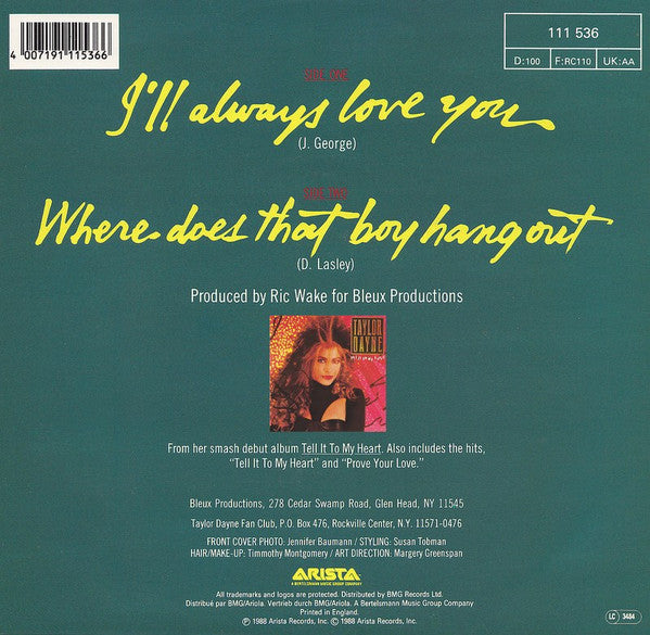 Taylor Dayne - I'll Always Love You - Used Vinyl Record 7" image 2