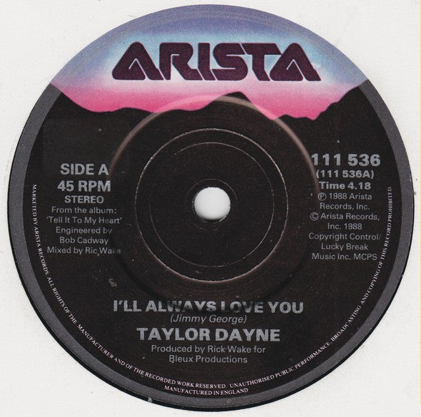 Taylor Dayne - I'll Always Love You - Used Vinyl Record 7" image 3
