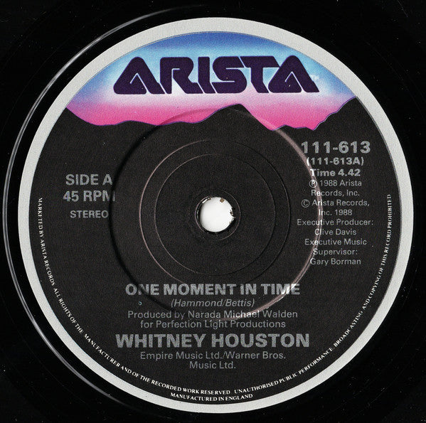 Whitney Houston - One Moment In Time - Used Vinyl Record 7" image 3