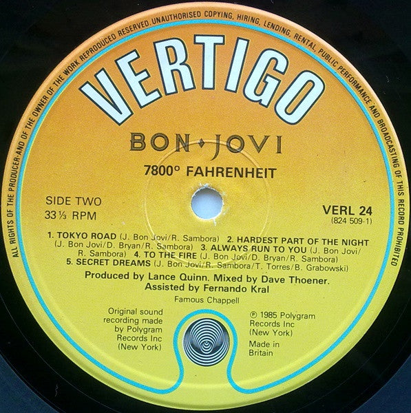 Bon Jovi - 7800° Fahrenheit - Used Vinyl Record image 4