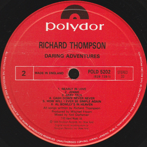Richard Thompson - Daring Adventures - Used Vinyl Record image 4
