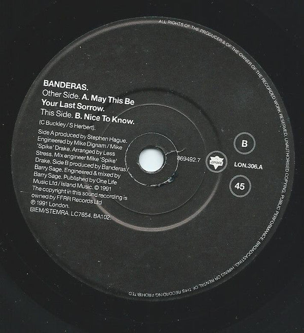 Banderas - May This Be Your Last Sorrow - Used Vinyl Record 7" image 3