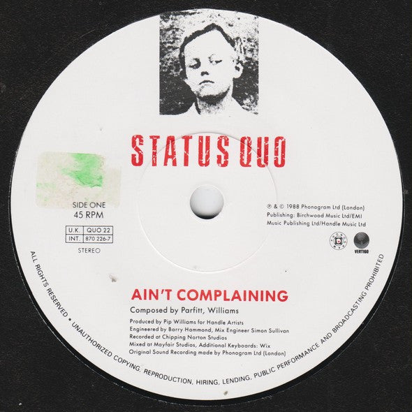 Status Quo - Ain't Complaining - Used Vinyl Record 7" image 7