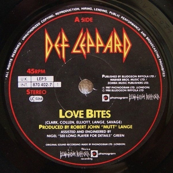 Def Leppard - Love Bites - Used Vinyl Record 7" image 3