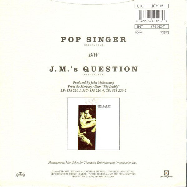 John Cougar Mellenca - Pop Singer - Used Vinyl Record 7" image 2