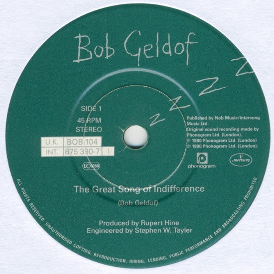 Bob Geldof - Great Song Of Indifference - Used Vinyl Record 7" image 3