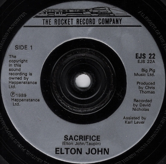 Elton John - Sacrifice / Healing Hands - Used Vinyl Record 7" image 7
