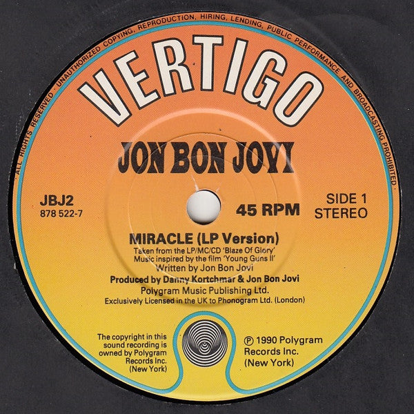 Jon Bon Jovi - Miracle - Used Vinyl Record 7" image 7