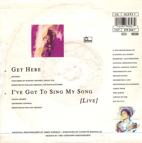 Oleta Adams - Get Here - Used Vinyl Record 7" image 2