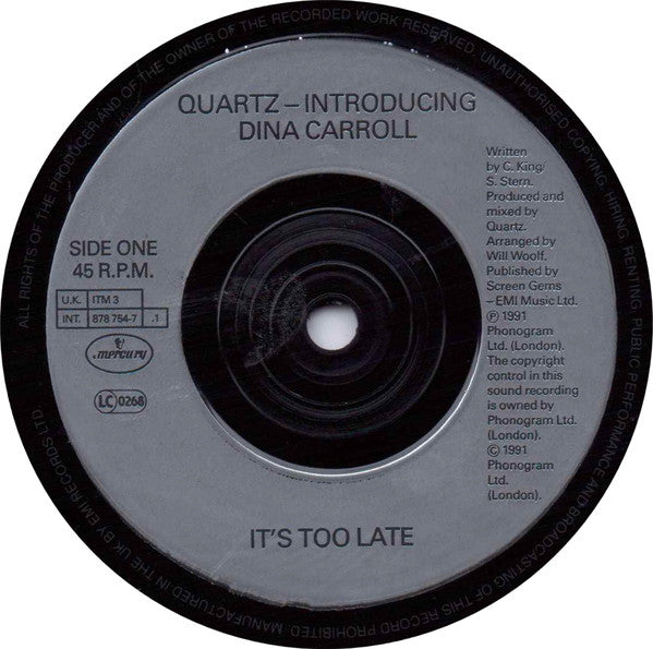 Quartz - It's Too Late - Used Vinyl Record 7" image 3