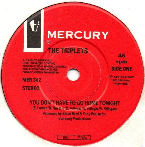 Triplets - You Don't Have To Go Home Tonight - Used Vinyl Record 7" image 7