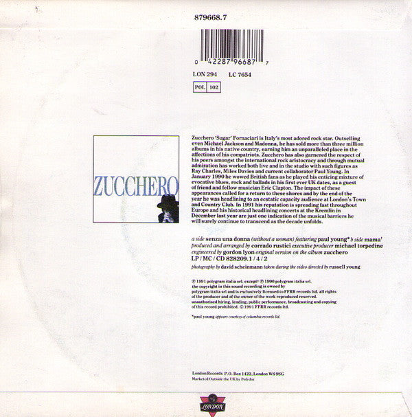 Zucchero - Senza Una Donna (Without A Woman) - Used Vinyl Record 7" image 2