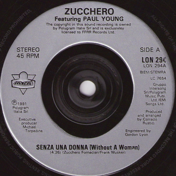 Zucchero - Senza Una Donna (Without A Woman) - Used Vinyl Record 7" image 3