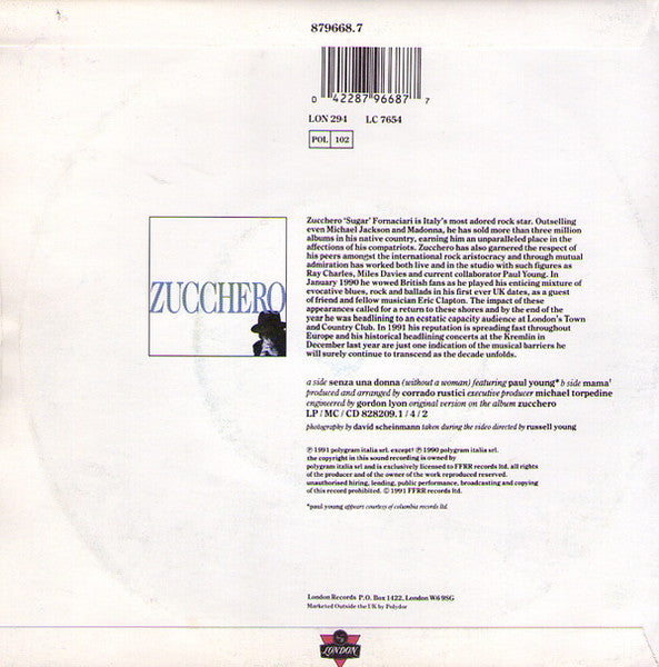 Zucchero - Senza Una Donna (Without A Woman) - Used Vinyl Record 7" image 6