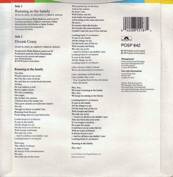 Level 42 - Running In The Family - Used Vinyl Record 7" image 2