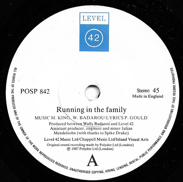 Level 42 - Running In The Family - Used Vinyl Record 7" image 7