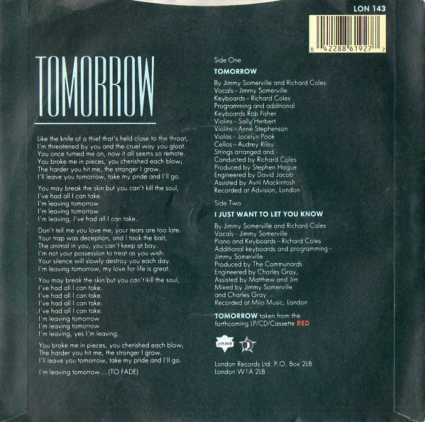 Communards - Tomorrow - Used Vinyl Record 7" image 6