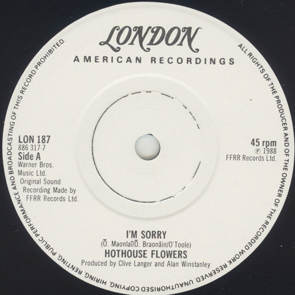 Hothouse Flowers - I'm Sorry - Used Vinyl Record 7" image 3