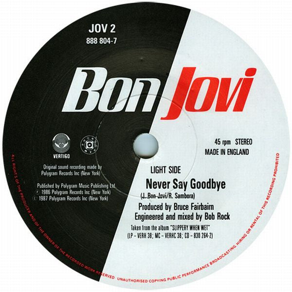 Bon Jovi - Never Say Goodbye - Used Vinyl Record 7" image 7