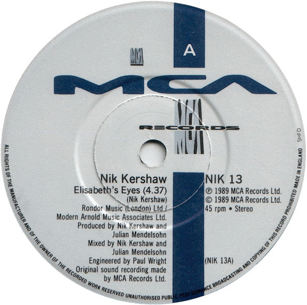 Nik Kershaw - Elisabeth's Eyes - Used Vinyl Record 7" image 3