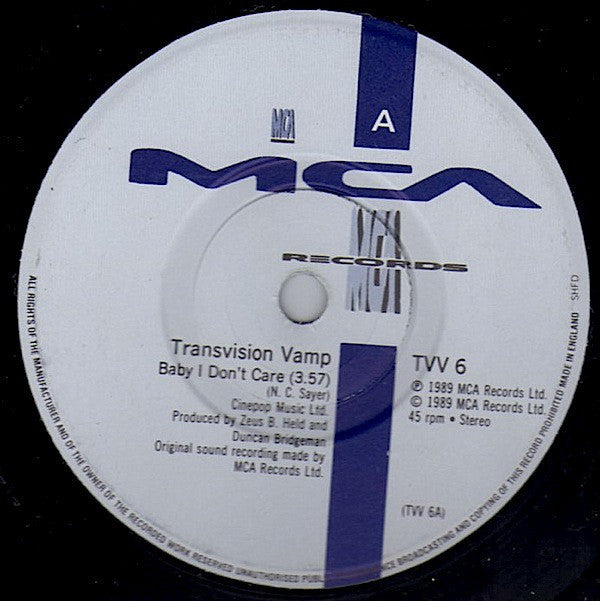 Transvision Vamp - Baby I Don't Care - Used Vinyl Record 7" image 3