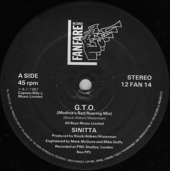 Sinitta - GTO (Modina's Red Roaring Mix) - Used Vinyl Record 12" image 3