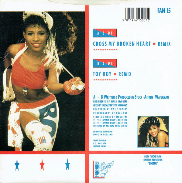 Sinitta - Cross My Broken Heart (Remix) - Used Vinyl Record 7" image 2