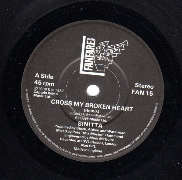Sinitta - Cross My Broken Heart (Remix) - Used Vinyl Record 7" image 5