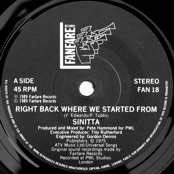 Sinitta - Right Back Where We Started From - Used Vinyl Record 7" image 3