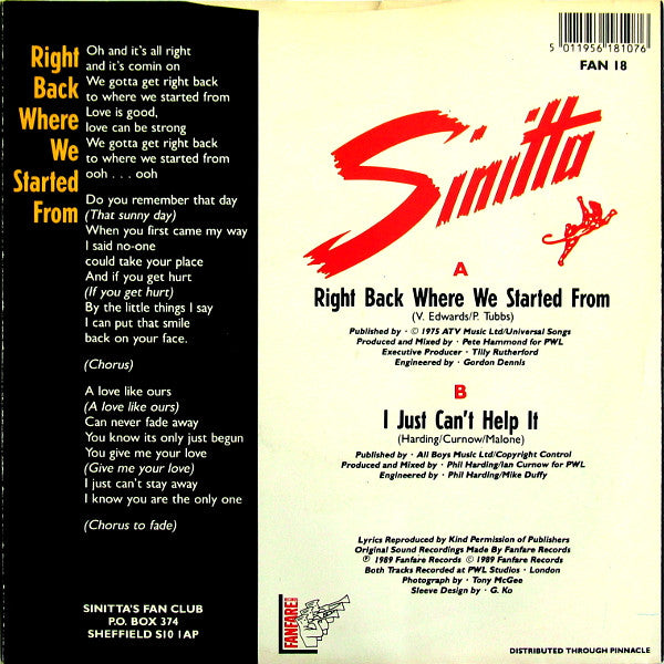 Sinitta - Right Back Where We Started From - Used Vinyl Record 7" image 6
